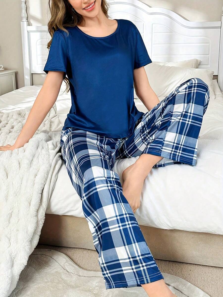 Conjunto de pijama de 2 piezas con top de manga corta azul y pantalón a cuadros para mujer - Azul - Ver 1