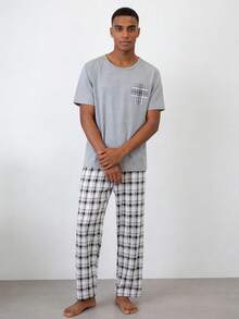 2 piezas Conjunto de pijama ligero para hombres, parte superior de manga corta y pantalones largos, conjunto de ropa de estar en casa a rayas y a cuadros para hombres en primavera/verano - Gris Claro - Ver 3