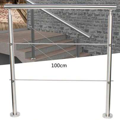 Silver 304 Stainless Steel Handrail Railing 220Lbs Load Capacity, 2 Crossbars 13.78in Spacing, Round Base Smooth Edge, Freestanding For Indoor Outdoor Staircase Balcony Villa Seashore Scenic Spot Hotel