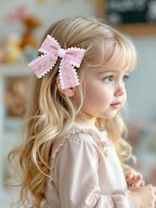 2pcs Flower Embroidery Hair Bows For Girls Pastel Pink Blue Green Embroidery Flower Bow Hair Clips Cute Pom-Pom Trim Bow Alligator Clips Girls Daily Wedding Party Barrettes Baby Hair Accessories - Multicolor - View 2