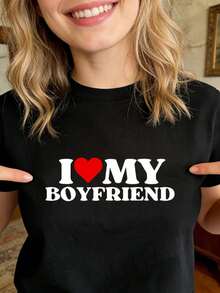 I LOVE My Girlfriend / I LOVE My Boyfriend Valentine's Day Couple T-Shirt Unisex, Simple And Fashionable, Casual Daily Holiday, Anniversary Gift, Gift For Boyfriend, Girlfriend, Husband, Lover Fun T-Shirt, Patterned T-Shirt - 女性 - 查看 2