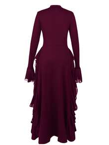 ii Women's Elegant Flare Sleeve Ruffle Hem Design Dress Spring - Burgundy - View 7