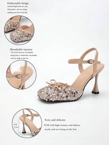 Women's High Heel Round Toe Fashion Bow Sequin Party Backless Pumps - Champagne - View 2