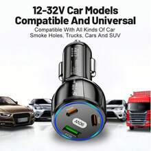 90W 三口 [1USB+2Type-C] 车载充电器适配器，USB 型快充 QC3.0 兼容 等手机，黑白两色可选，快速充电车载充电器，点烟器接口 - 均碼 - 查看 5