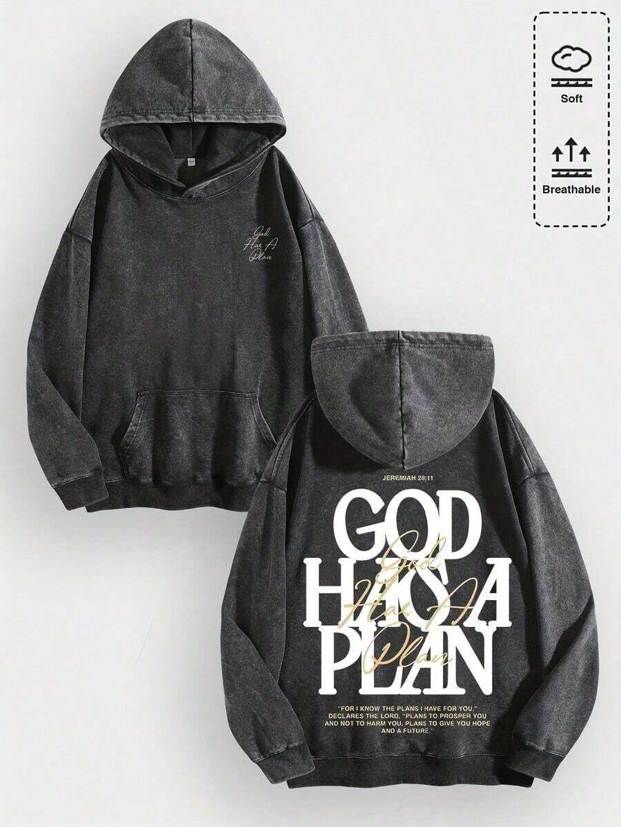 1pcsMen's Unisex "God Has His Plans - Faith Enlightenment" Printed Cotton Hoodie, Vintage Casual Fashion Daily Soft Warm Hoodie, Suitable For Streetwear And Spiritual Aesthetic Enthusiasts, Men's Winter Clothing - 黑色 - 查看 1
