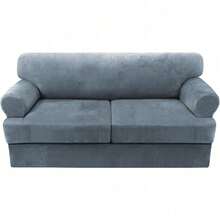 Trugenix-Sofa Cover 2 Piece T Cushion Armchair Slipcovers Velvet Couch Cover Furniture Protector Stretch T Cushion Sofa Covers For 1 Cushion Couch With 1 Individual T Cushion Covers, Deep Teal-GP - Stone Blue - 查看 9