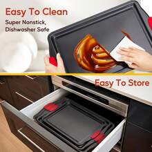 3 PiecesNonstick Kitchen Oven Baking Pans - Premium & Stylish Non-Stick Steel, Commercial Grade Restaurant Quality Metal Bakeware With Red Silicone Handles - Easy To Clean - Black - View 4