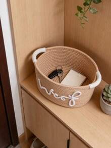 A Woven Rope Storage Basket With The Word "Woof" Embroidered On It - A Pet Toy Storage Basket, Capable Of Holding Teething Toys, Blankets And Leash Ropes. Navy Blue Handle, Stackable Design, Personalized Pet Storage Basket, Suitable For Cats And Dogs. Pet Gift.Storage Bins Baskets For Gifts,Storage Baskets,Storage Bins,Valentines Basket,Basket Storage - Multicolor - View 5