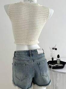 Solid Color Hollow Out Tie Front Sleeveless Knit Sweater Vest, Suitable For Vacation & Beach - White - View 2