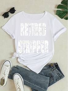 Women's Casual Short Sleeve Graphic Tee With "Retired Stripper" Letter Print, Crew Neck Loose Fit T-Shirt For Daily Wear,  Streetwear Top - 白色 - 查看 4