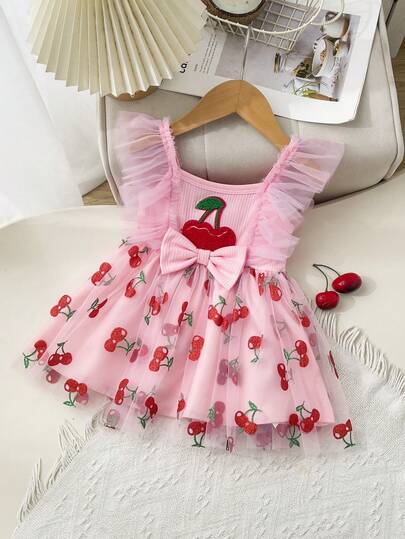 1pc Baby Girl Sleeveless Cherry Print Mesh Dress, Breathable Summer Outfit