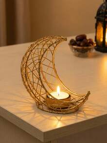 1Pc/Set Double-Arched Woven Star And Moon Metal Candlestick. Made Primarily From Metal Wire, This Candlestick Features A Minimalist Modern Design. Its Shape Is A Double-Layered Interwoven Crescent-Shaped Hollow Lattice Frame, Paired With A Circular Base, With Small Candle Trays Embedded In The Details - Multicolor - View 9