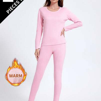 [Women's Warm Underwear Set] 2pcs Women's Warm Underwear Set: Round Neck Top + Pants, Winter Autumn Tight-Fitting Base Layer Shirt And Trousers