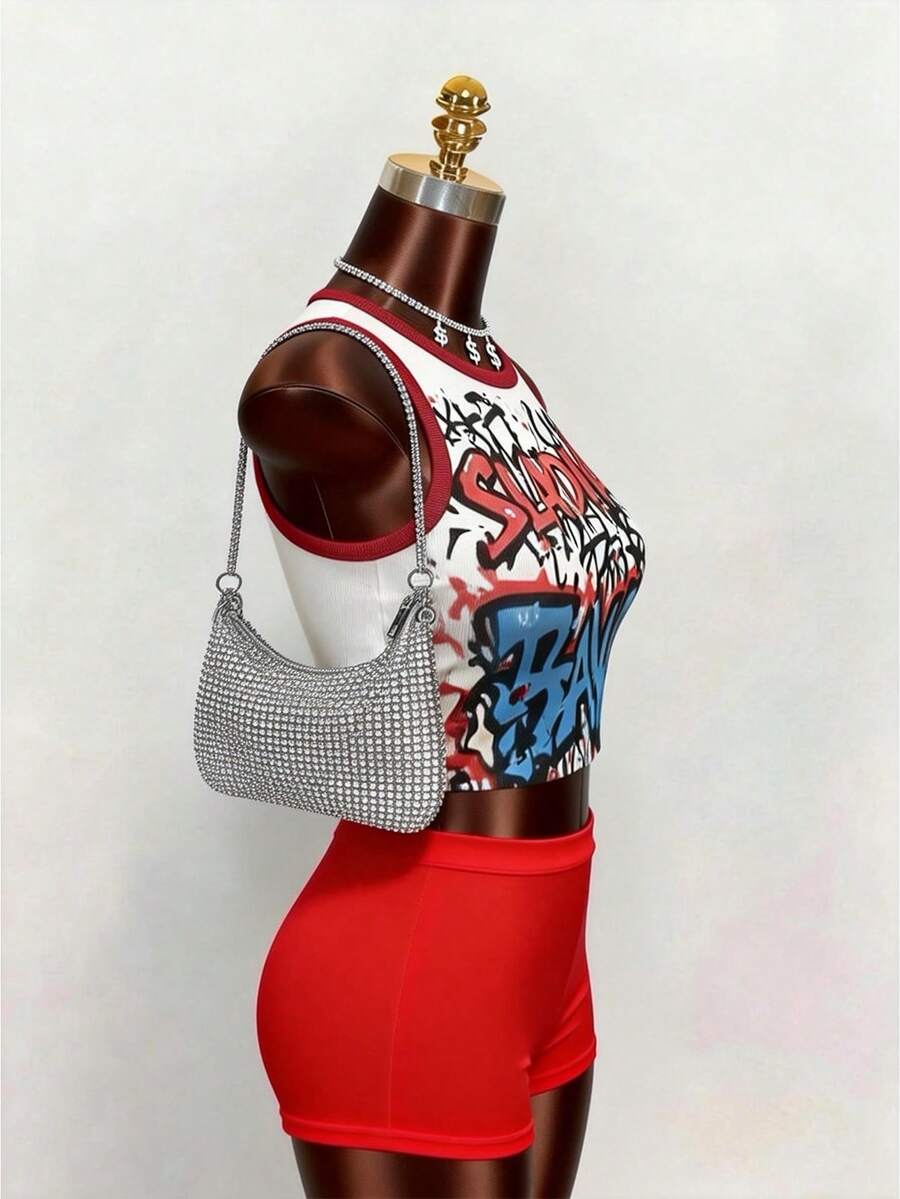 Áo tank top nữ mùa xuân hè, kiểu dáng thường ngày, gợi cảm, in chữ graffiti phong cách Y2K, áo tank top nữ, áo nữ đi chơi, áo trắng, thích hợp cho mùa tựu trường, tiệc tùng, lễ hội, năm mới, ngày Valentine. - Đỏ - Xem 1