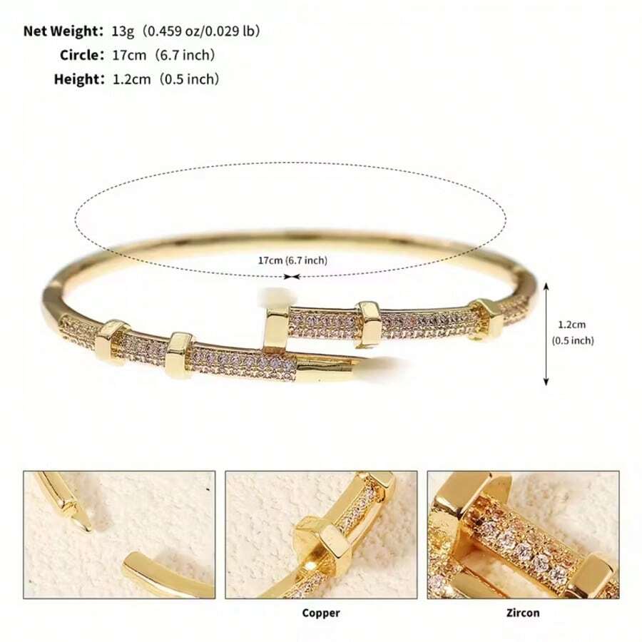 1pc 18K Gold Plated Copper Zirconia Stone Fashion Bracelet, Classic Women's Bangle, Daily Accessory, Holiday Gift For Friends - Multicolor - View 1