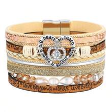 1条多层皮革包裹手链，天然淡水珍珠，教师节励志礼物 - 卡其豹紋色 - 查看 3