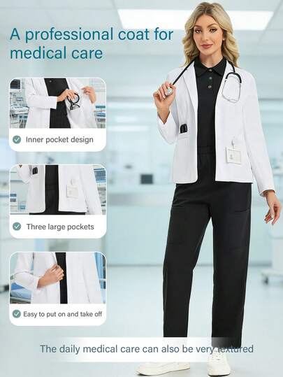 cimmuovere Women's Long Sleeve Short Lapel Open Front Multi-Pocket Lined Scrubs Nurse Uniform Workwear For Dentist, Healthcare, Pet Hospital, Laboratory