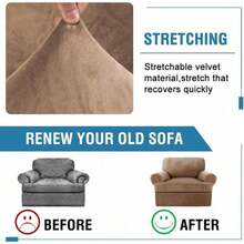 Trugenix-Sofa Cover 2 Piece T Cushion Armchair Slipcovers Velvet Couch Cover Furniture Protector Stretch T Cushion Sofa Covers For 1 Cushion Couch With 1 Individual T Cushion Covers, Deep Teal-GP - 駝色 - 查看 6