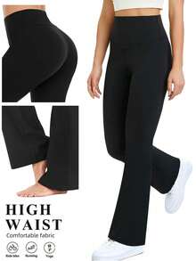 Women's Solid Color Casual Yoga Flare Pants, High Elasticity Running Fitness Quick-Dry Pants, Sports Wear High Waist  Fit Wide Leg Pants, Suitable For Gym Workout,  Elastic &Amp; Comfortable, Suitable For All Seasons Exercise, Yoga And Casual Wear - 黑色 - 查看 8