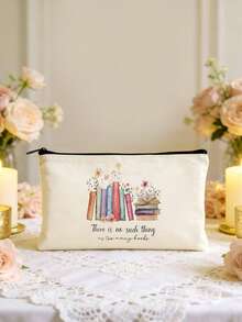 1/5pcs Floral & Book Reading Themed Canvas Zipper Storage Bags Set, Creative "You're Awesome" Motivational Gift, Suitable For Back To School, Graduation, Travel, Birthday, Anniversary, Teacher's Day, Appreciation Gifts For Classmates, Friends, Students And Teachers Makeup Bag - Beige - View 20