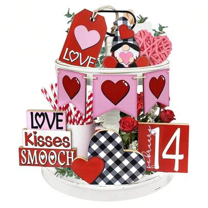 1/8 件套情人节木质多层托盘装饰，情人节餐桌装饰，水牛格纹心形小矮人木质标牌，适用于婚礼、周年纪念日、情人节派对、室内外餐桌装饰