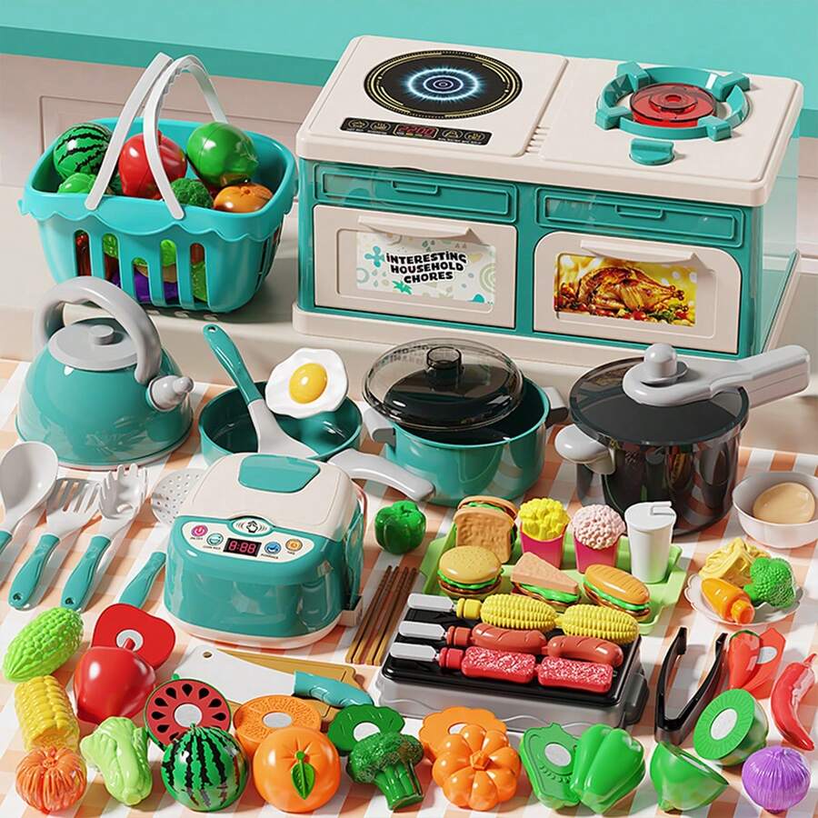 33件/44件/66件/76件儿童厨房玩具套装，适合男孩和女孩，包含烹饪用具、迷你炉灶、电饭煲、水果、搅拌器、炒菜器、切菜器和音乐餐具。