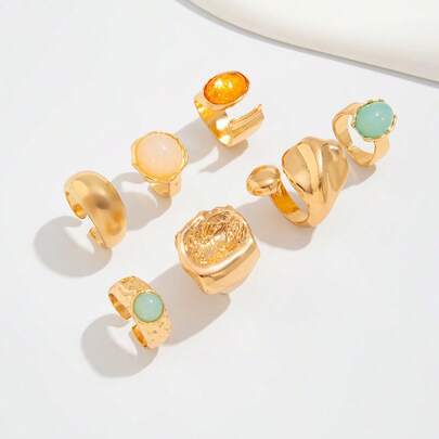 7 Peças Conjunto de Anéis Luxuosos Estilo Europeu Vintage Incrustados de Strass, Conjunto de Anéis Grossos Assimétricos na Cor Dourada, Acessórios de Joalheria para Adolescentes em Festas Diárias e Banquetes