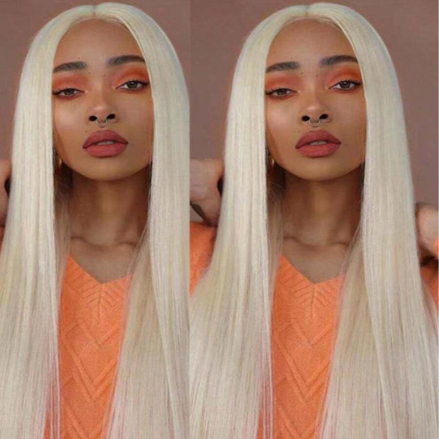 Anime Cosplay Long Blonde Straight Synthetic Hair Wig, Light Blonde, Middle Part, Elastic Cap, For Women, Halloween Party - Gold - View 1