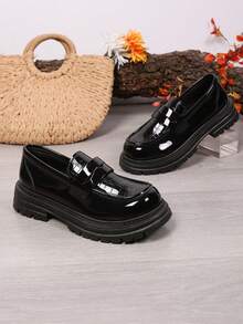 Bequeme Damen Loafers, Rundkopf Design, modisches Farbschema, ähnlicher Stil wie Penny Loafer, Dicksohlige Lässig Schuhe, Karomuster Dekor, geeignet für alle Jahreszeiten - Schwarz - Übersicht 8