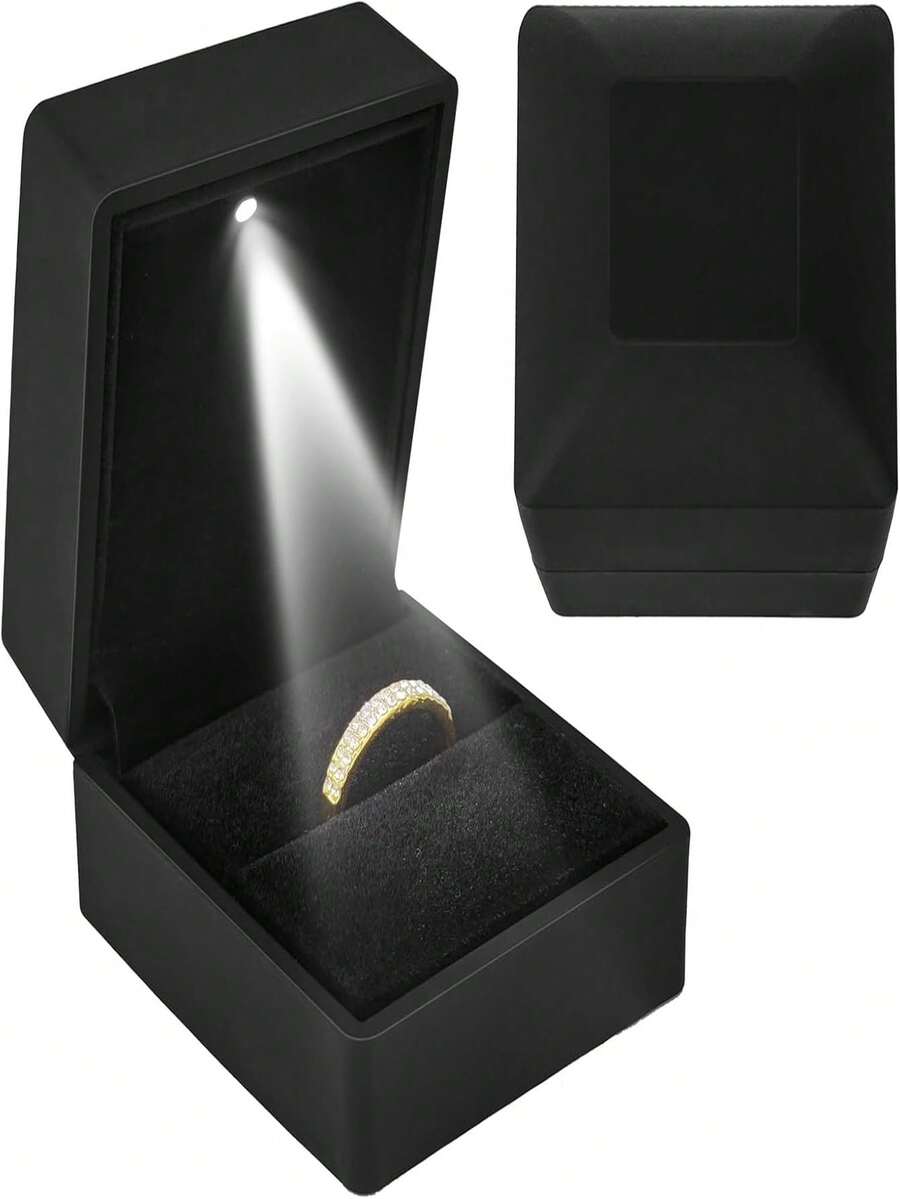 Square LED Light Ring Box, Engagement Ring Box, Jewelry Gift Box, Suitable For Proposal, Wedding, Valentine's Day, Anniversary, Christmas, Mother's Day, Thanksgiving (Square, Black/Red) - Multicolor - View 1