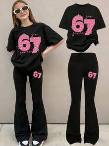 Teen Girl Numeric Print Short Sleeve T-Shirt And Skinny Flared Pants - Black - View 1