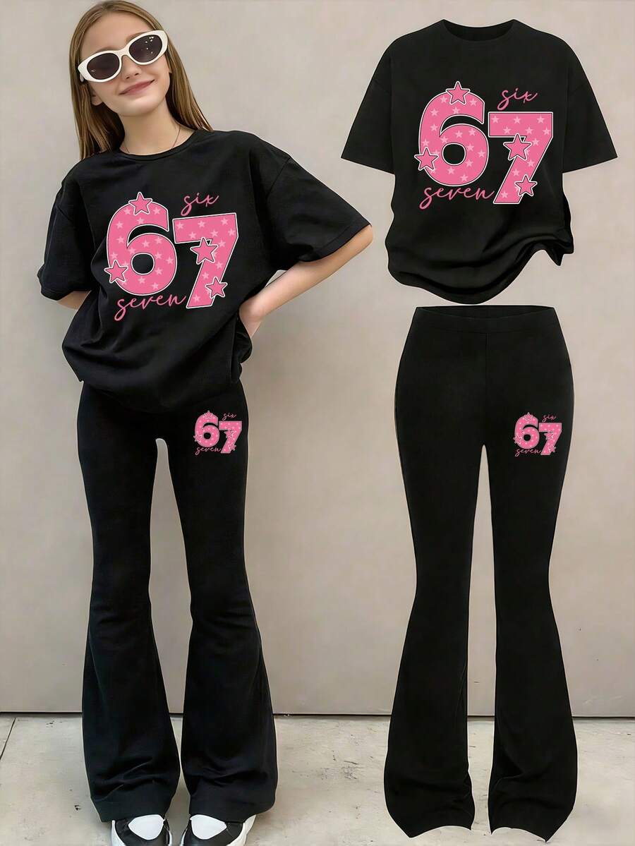Teen Girl Numeric Print Short Sleeve T-Shirt And Skinny Flared Pants - Black - View 1