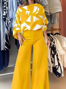 Women's Elegant Printed Top And Wide Leg Pants 2 Pieces Vacation Outfits - Màu vàng - Xem 1
