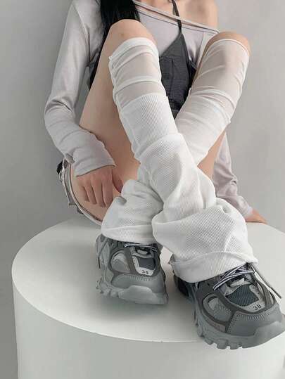 1 Pair Spring/Autumn New Korean Style Mesh Ballerina Patchwork Leg Warmers, Light Gray/White/Black Knitted Flared Leg Warmers, Y2K Subculture Hot Girl White Thigh High Leg Warmers