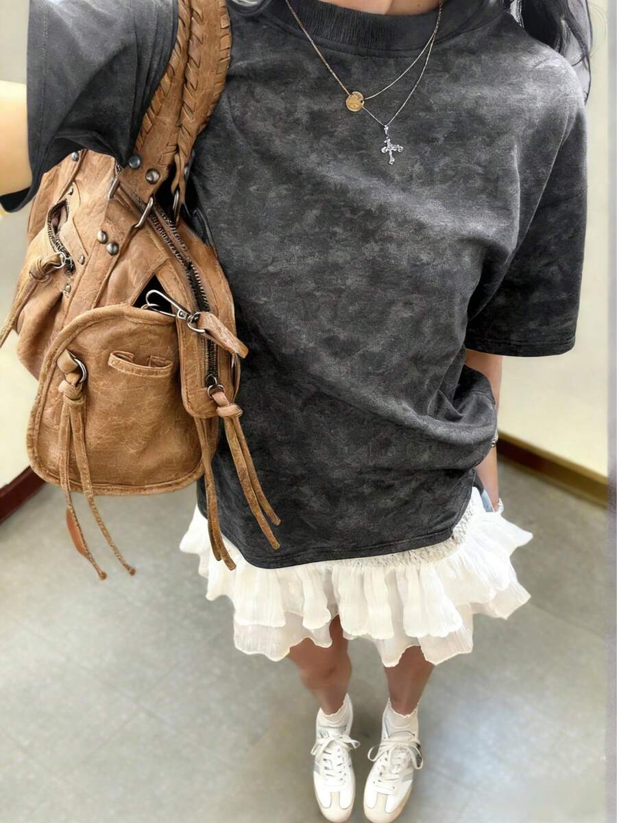 Buzzelle 女士夏季新款简约水洗面料短袖上衣，休闲度假风宽松百搭圆领短袖衬衫，适合日常穿着和度假 - 水洗灰 - 查看 1