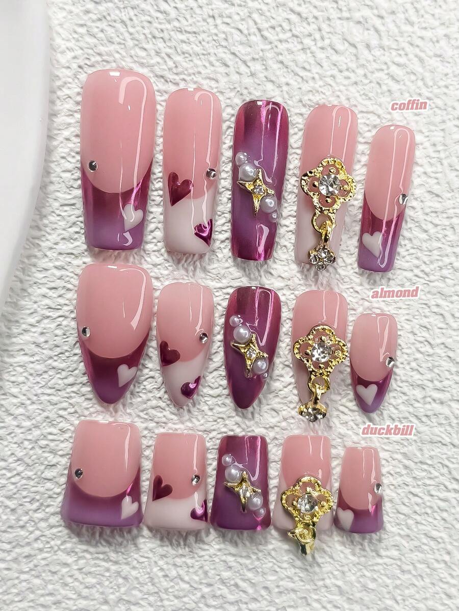 Bộ 10 miếng dán móng tay gel màu tím quyến rũ, bao gồm móng giả hình quan tài, móng hạnh nhân, móng mỏ vịt, móng dán kiểu Pháp, hình ngôi sao, hình cỏ bốn lá, hình trái tim vẽ tay, ngọc trai, đá quý, móng gel màu tím ombre, móng hồng. Kèm theo bộ dụng cụ (1 miếng dán gel + 1 dũa móng), thích hợp cho nữ giới diện đi dự tiệc, ngày Valentine, các ngày lễ. Món quà tuyệt vời dành cho phái đẹp. - Nhiều màu - Xem 1