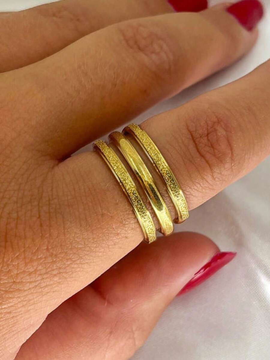 3pcs Stainless Steel 18K Gold Plated Matte Minimalist Bangle Ring Set For Women, Simple Stackable Jewelry, Waterproof For Daily Wear