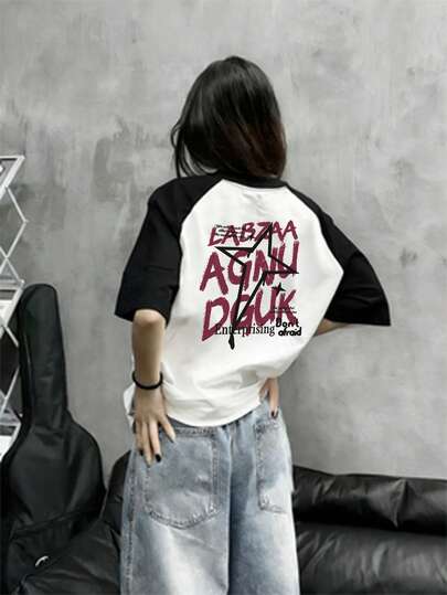 休闲撞色拼接红色字母印花插肩袖宽松舒适日常街头风女式短袖T恤，春夏款