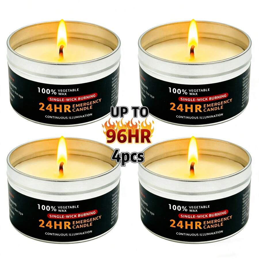 4pcs Smokeless Windproof Emergency Candles, 80g Per Candle, Natural Soy Wax, Metal Container Packaging, Suitable For Indoor And Outdoor Use, Great For Outdoor Parties, Hiking, Camping, Emergency Lighting
