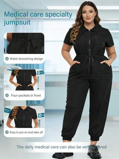 cimmuovere Uniforme de enfermera informal con cremallera, manga corta y cintura con lazo para mujeres de talla grande, para dentistas, personal de salud, veterinaria y laboratorio