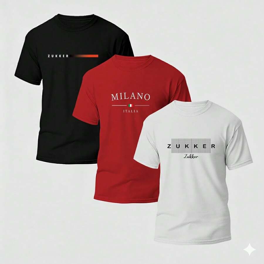 Set Of 3 Men's Crew Neck T-Shirts, Cotton Shirts, Comfortable Slim Fit, Immediate Shipping, Stylish Print, Various Colors - 黑色/紅色/白色 - 查看 1