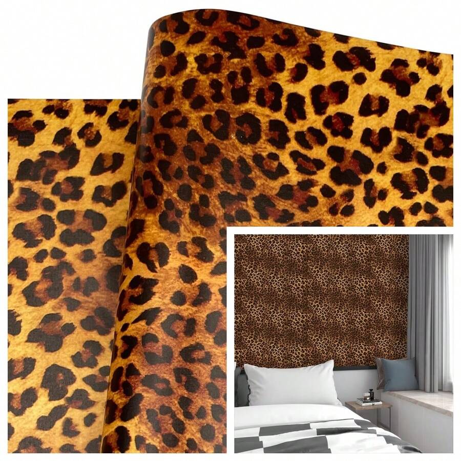1卷复古野生豹纹自粘墙纸，防水PVC墙贴，卧室背景墙家具装饰装修贴纸，DIY装饰墙贴，尺寸：17.7英寸x39.3英寸/118.1英寸/196.8英寸/393.7英寸
