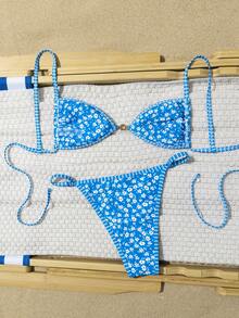 wohenmeili 女士夏季度假沙滩碎花比基尼套装 - 藍底白花 - 查看 6