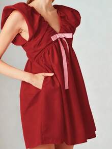 Women's Fashion Bow Front Party Dress, Solid Color Flying Sleeve Deep V-Neck Short A-Line Dress - Đỏ - Xem 2