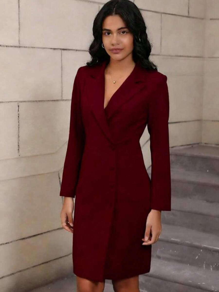 Women's Elegant Collared Fitted Solid Color Button Front Split Hem Office & Casual Dress, Suitable For Spring, Summer, Autumn - Burgundy - View 1