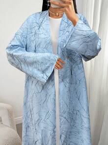 Elegance Jacquard Long Sleeve Abaya Coat - Muslim Women's Summer Outerwear - Blue - View 2