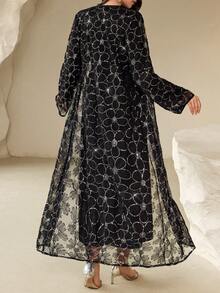 女士花卉亮片网纱长袖睡袍连衣裙优雅两件套，夏季套装，度假装，情人节装，优雅派对装，婚礼宾客装，生日装（仅含衣服，不含围巾） - 黑色 - 查看 2