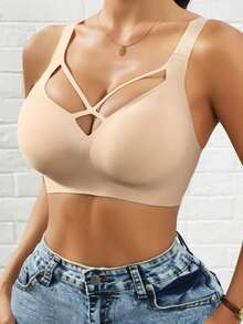 1件装女士无缝日常性感镂空可拆卸衬垫可调节肩带内衣 - 杏色 - 查看 6