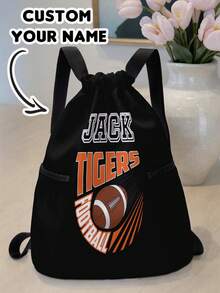 1pc Customized Name & Cartoon Football Pattern Drawstring Backpack With Pockets, Personalized Back To School Gift, Suitable For Children And Teenagers - Multicolor - View 1