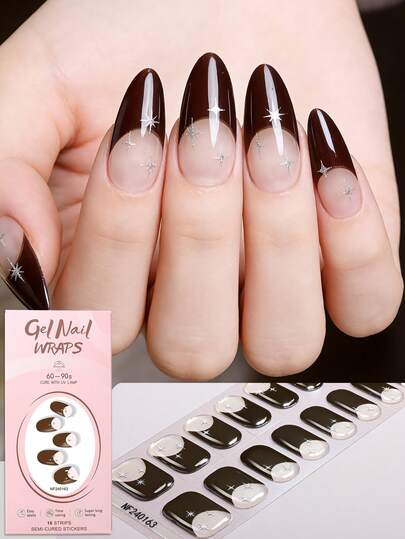 16片半固化凝胶美甲贴纸，梦幻优雅的秋冬深棕色法式风格设计，饰有箔片星星、月亮和水晶，持久耐用，需使用UV灯固化，适合女性和女孩日常、社交活动、DIY美甲。